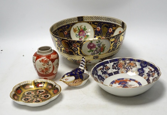A small Japanese Kutani jar, a Chinese bowl, two pieces of Royal Crown Derby and a Victorian bowl, 10cm tall. Condition - fair to good, Kutani jar has hairline star crack to base